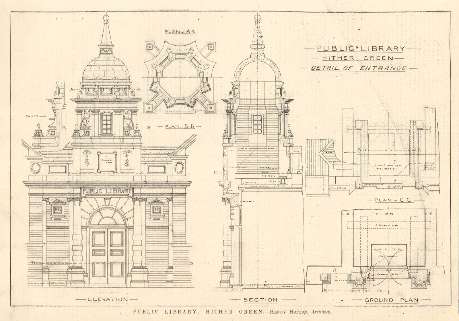 Public Library, Hither Green. Henry Hopton Architect. Entrance section plan 1907
